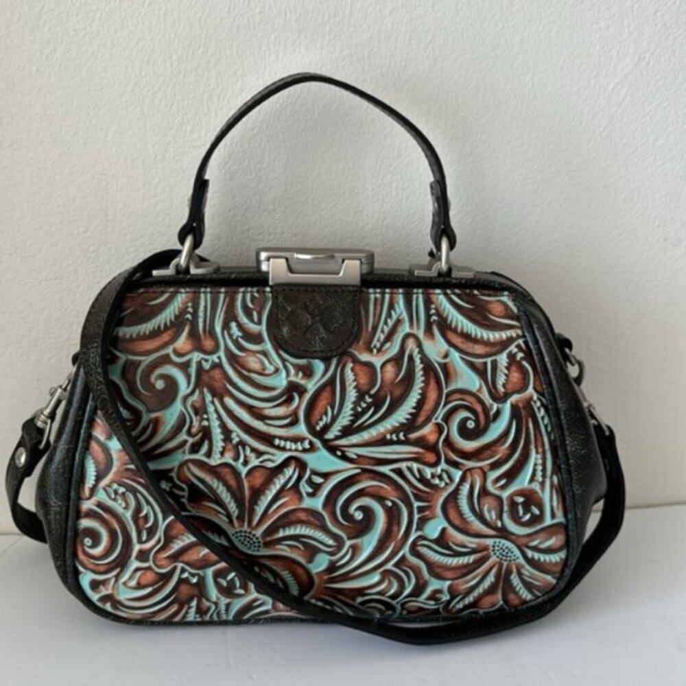 Patricia Nash Turquoise Framed Gracchi Tooled Brntl Leather Crossbody Handbag
